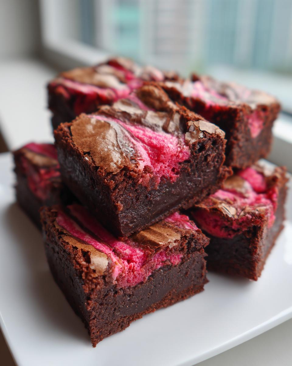 A stack of rich, fudgy strawberry brownies featuring a bright pink strawberry swirl topping.