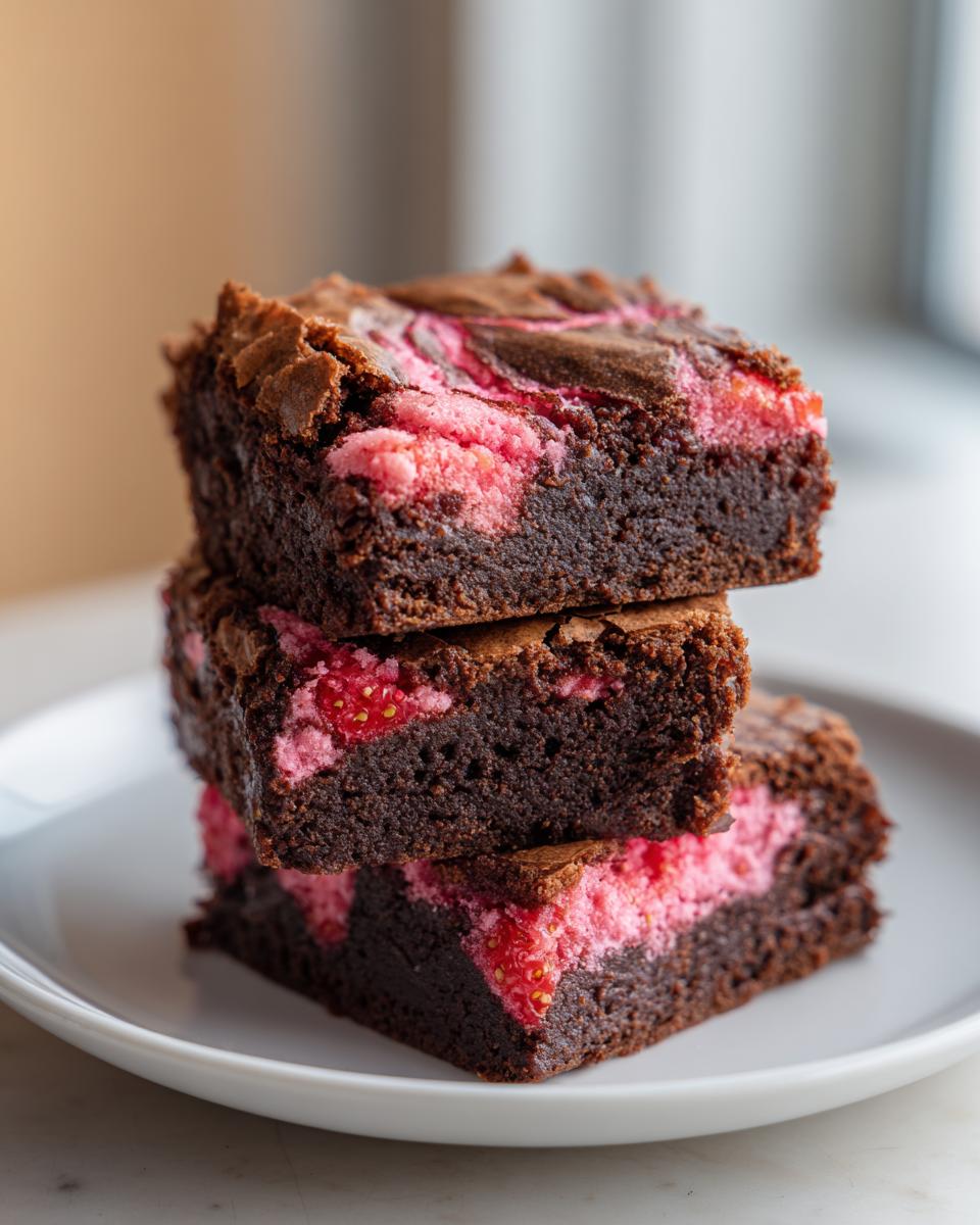 Three rich, fudgy strawberry brownies stacked on a white plate with pink strawberry swirl topping.