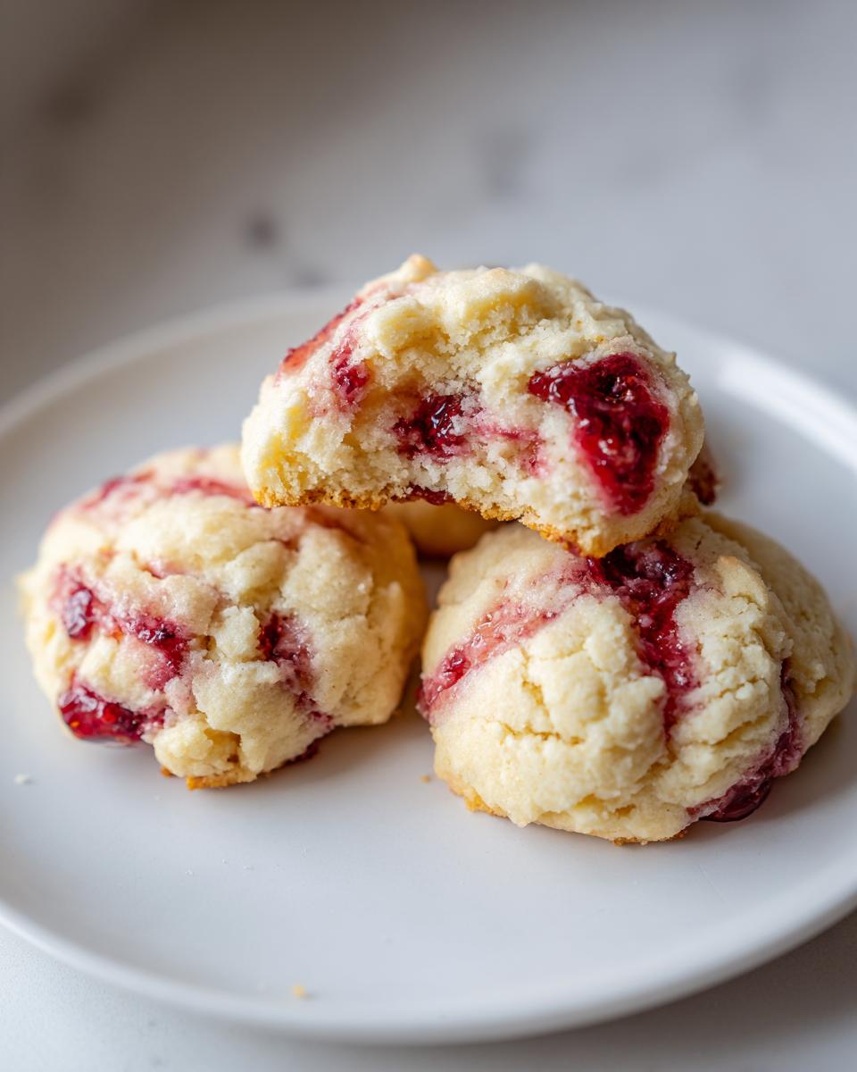 Close-up of soft strawberry cheesecake cookies, one broken open showing the jammy red center.