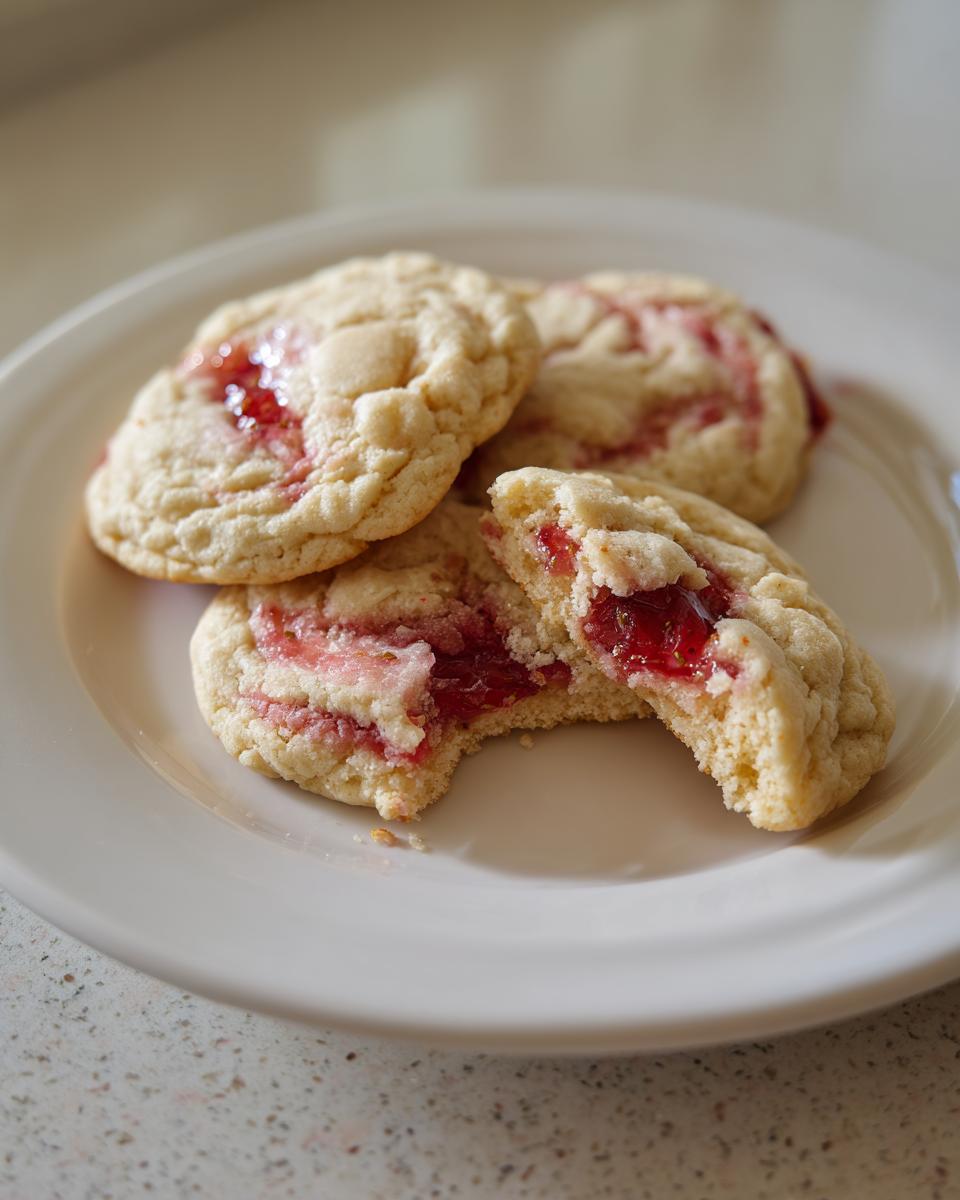 Close-up of soft strawberry cheesecake cookies, one broken open to show the bright red strawberry filling.