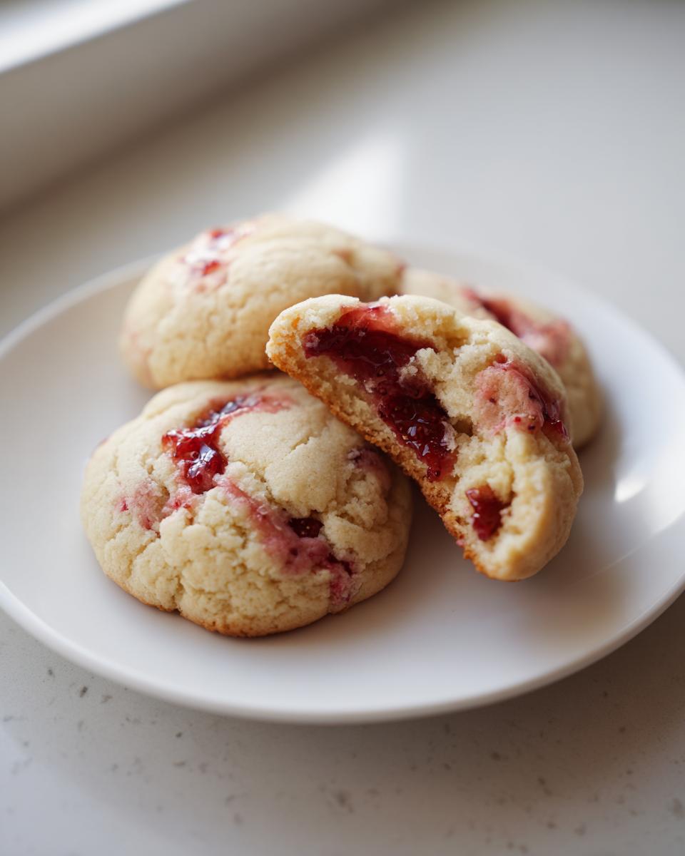 Close-up of soft strawberry cheesecake cookies, one broken open to show the bright red jam filling.