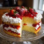 A beautiful, layered strawberry shortcake trifle with sponge cake, whipped cream, and fresh strawberries, presented on a glass stand.