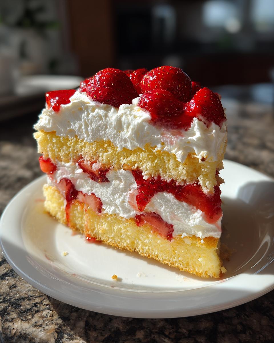 A generous slice of strawberry shortcake trifle featuring layers of yellow cake, whipped cream, and fresh strawberries.