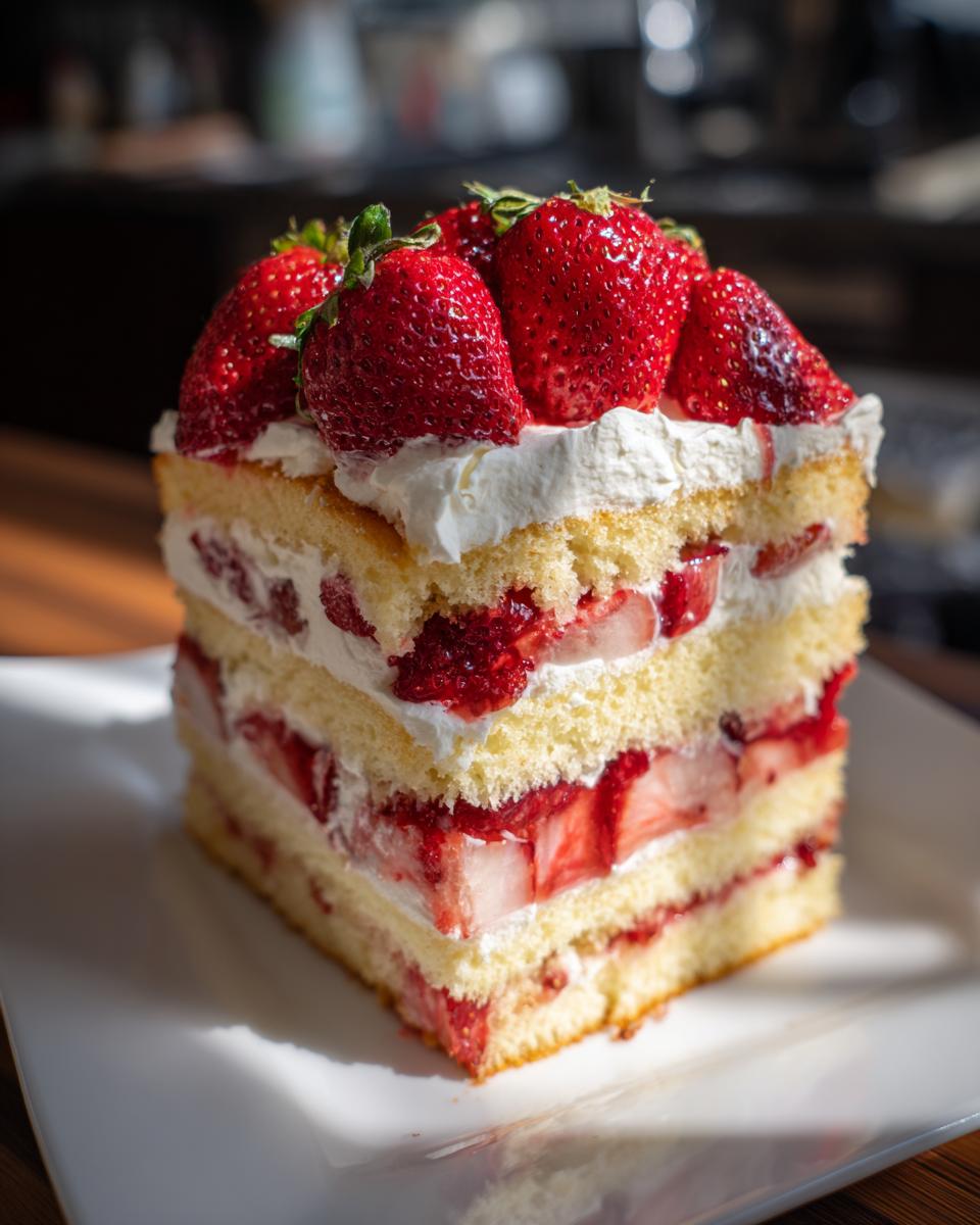 A tall, layered slice of strawberry shortcake trifle featuring sponge cake, whipped cream, and fresh strawberries.