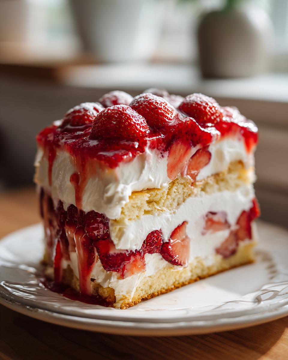 A decadent slice of strawberry shortcake trifle featuring layers of sponge cake, whipped cream, and fresh strawberries.