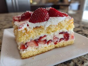 Close-up of a layered slice of strawberry shortcake trifle featuring sponge cake, whipped cream, and fresh strawberries.