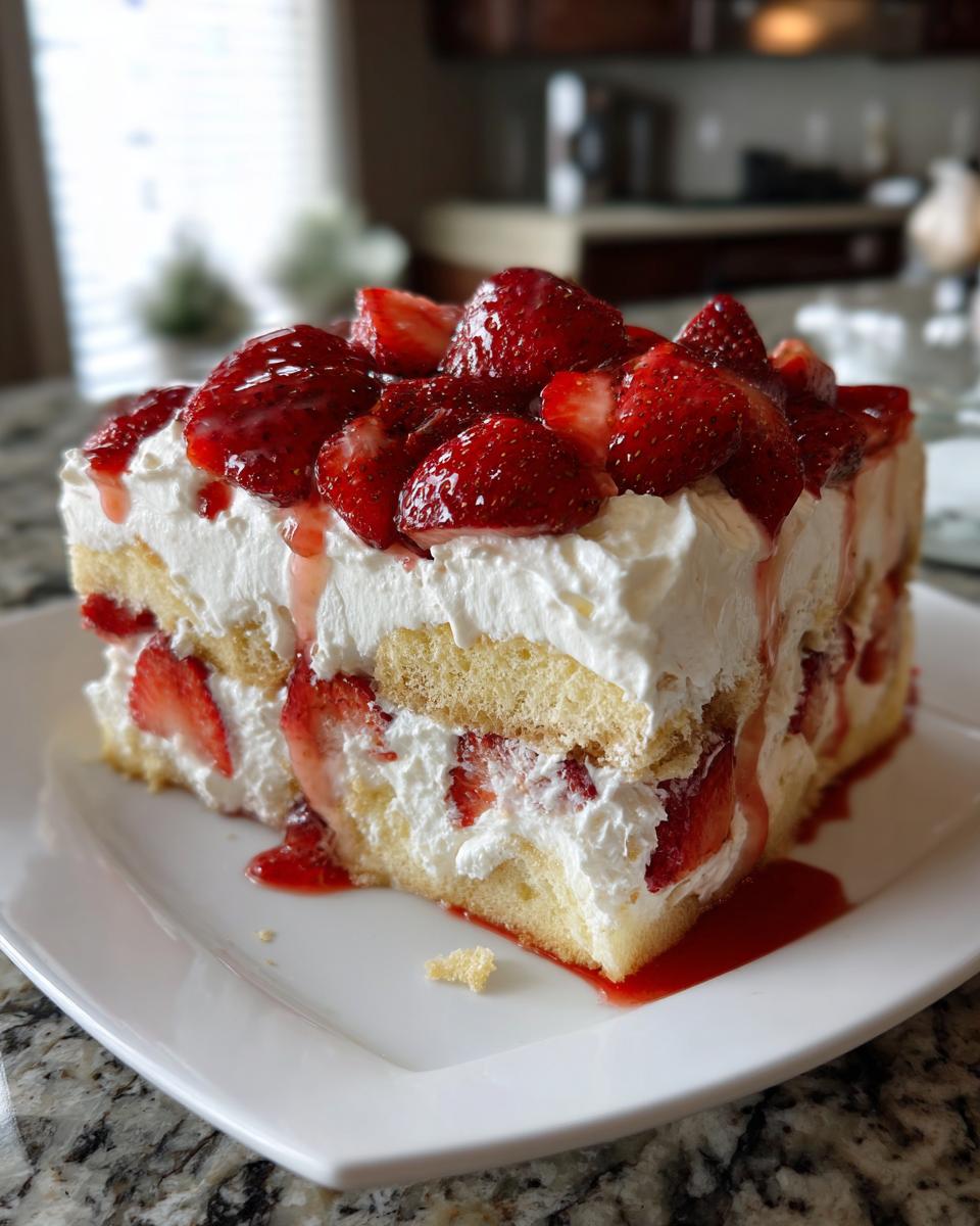 A decadent slice of strawberry shortcake trifle featuring layers of cake, cream, and fresh strawberries.