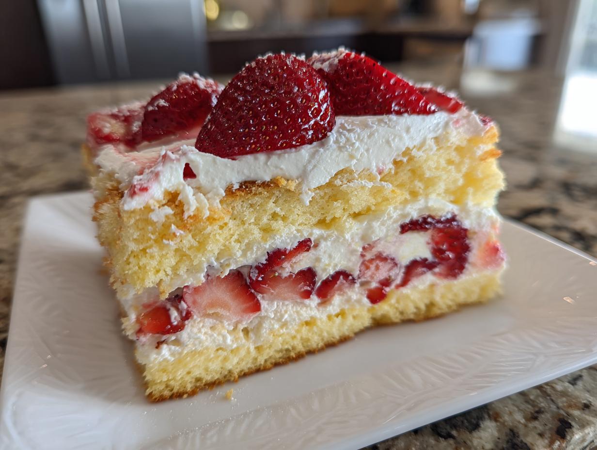 Close-up of a layered slice of strawberry shortcake trifle featuring sponge cake, whipped cream, and fresh strawberries.