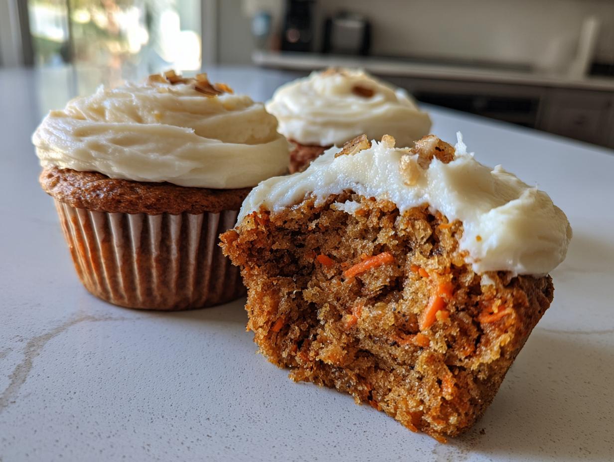 Close-up of delicious carrot cake muffins, one bitten into, showing moist texture and cream cheese frosting.