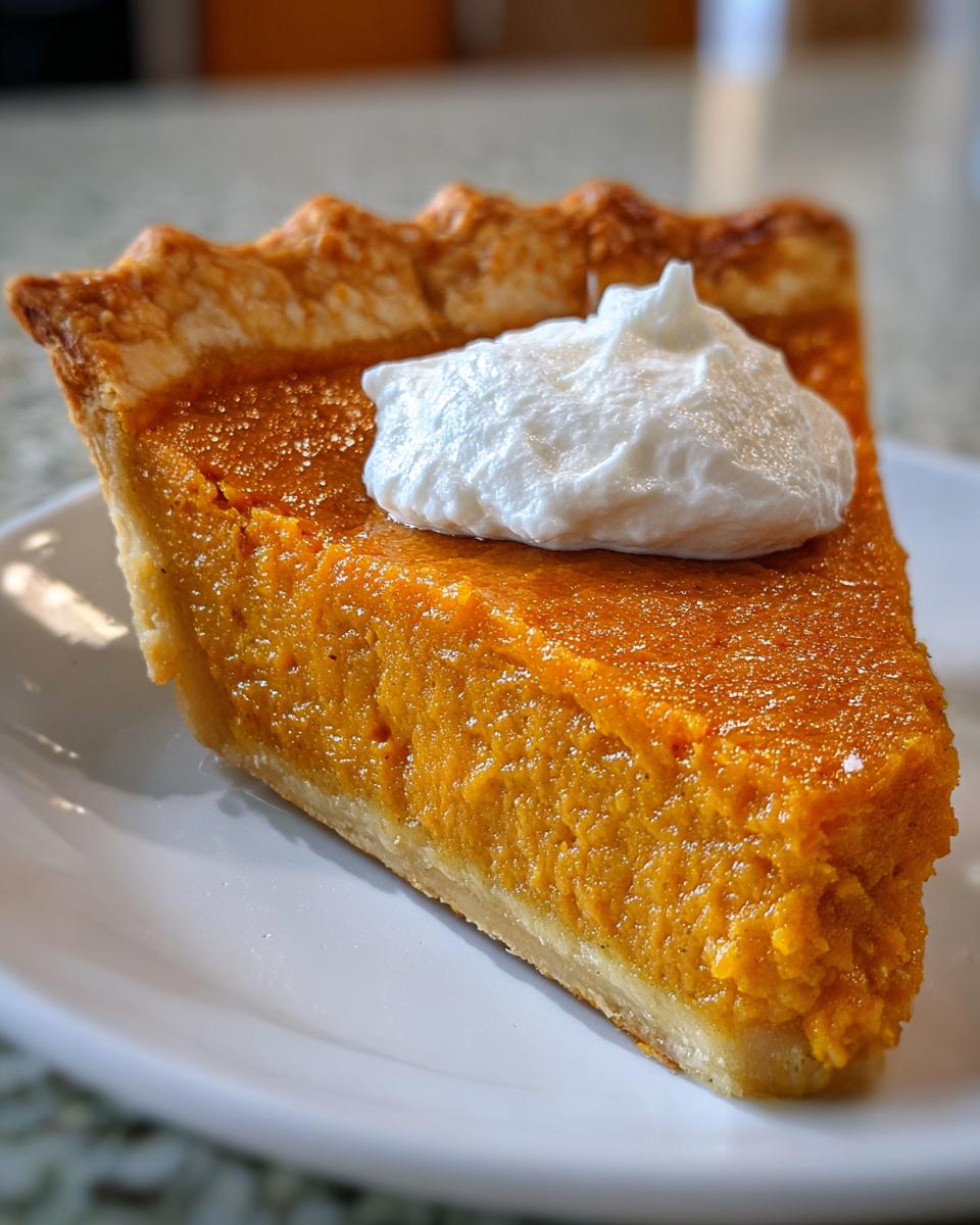 A close-up of a rich, orange slice of sweet potato pie topped with a dollop of fresh whipped cream.
