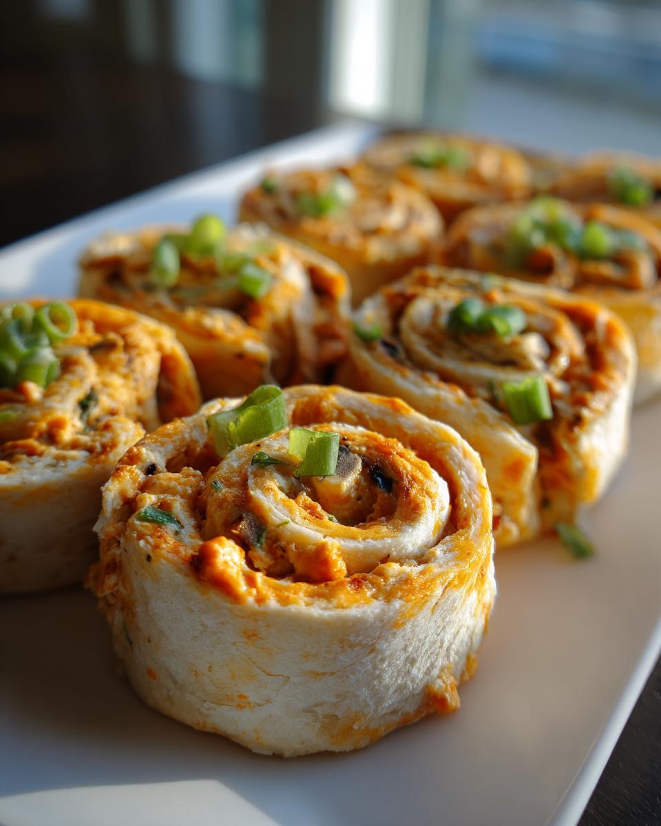 Close-up of several freshly made taco pinwheels arranged on a white platter, garnished with green onions.