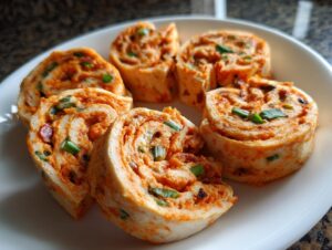 Several slices of appetizer taco pinwheels with orange filling and green onions arranged on a white plate.