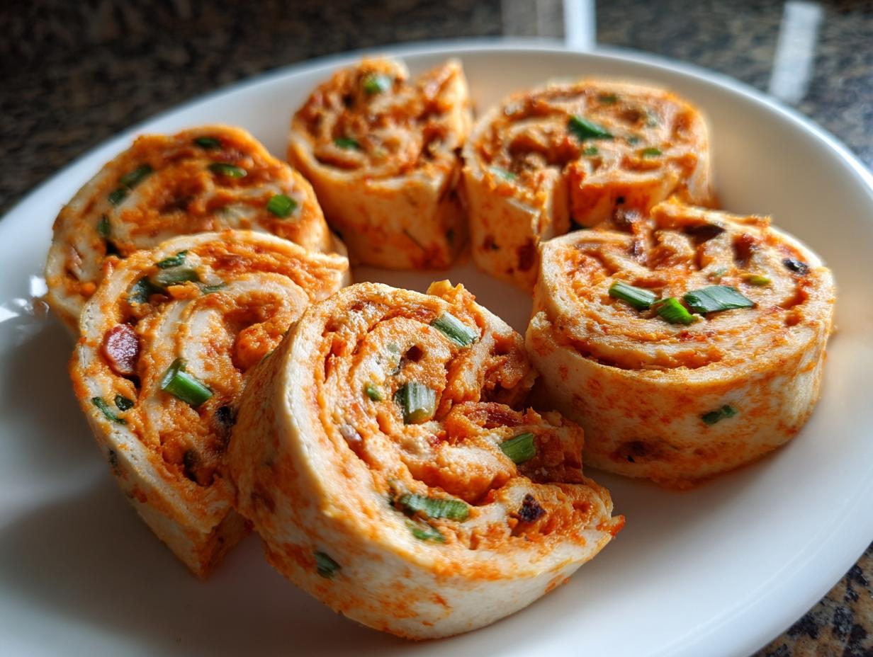Several slices of appetizer taco pinwheels with orange filling and green onions arranged on a white plate.