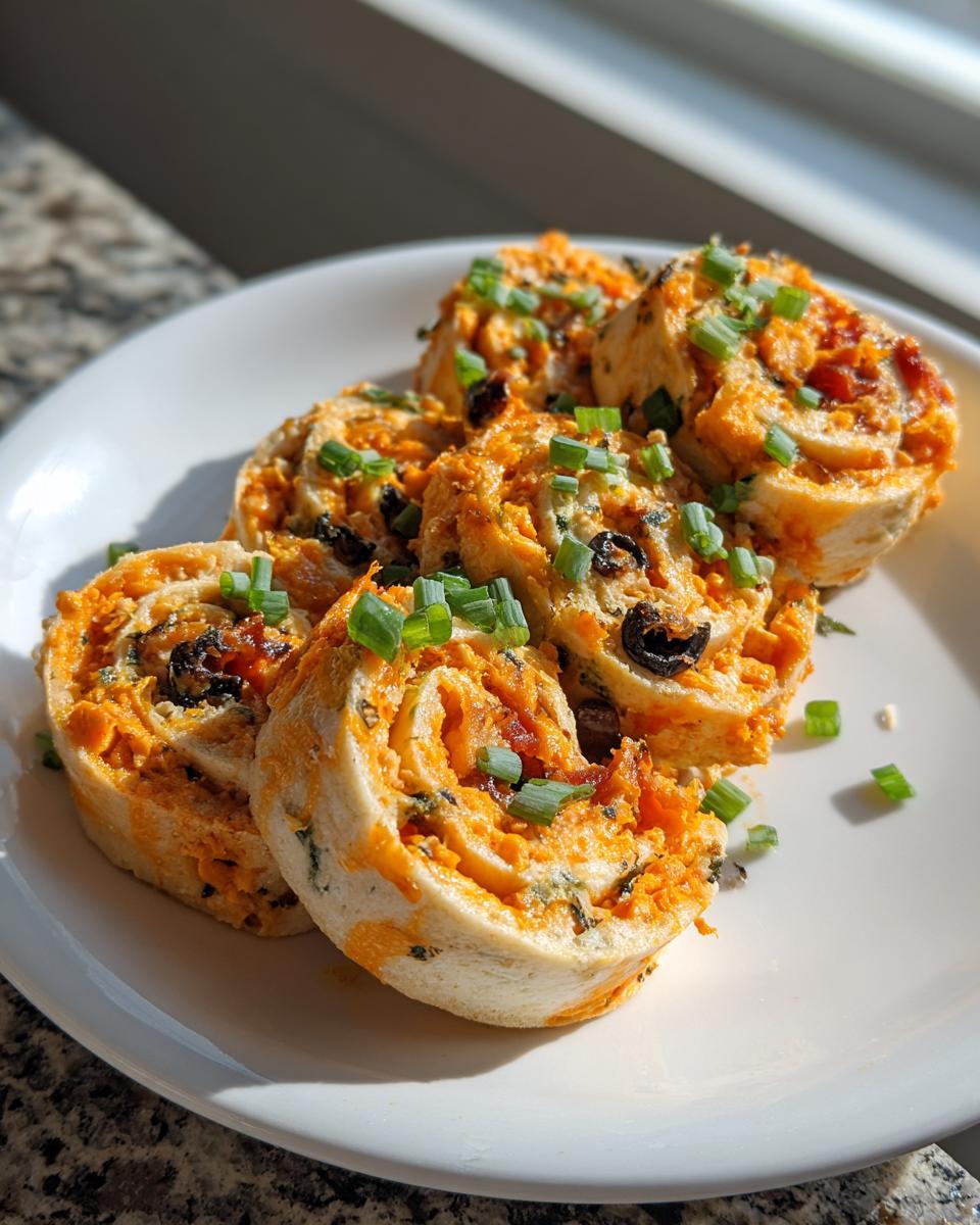 Five freshly cut taco pinwheels with orange filling and black olives, garnished with green onions, served on a white plate.