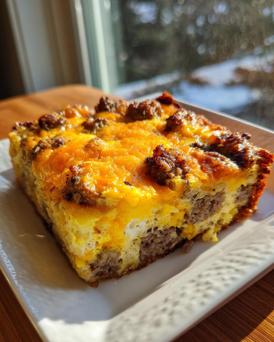 A square slice of tater tot breakfast casserole featuring eggs, sausage, and melted cheddar cheese, served on a white plate.