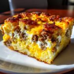 A close-up, golden-brown slice of tater tot breakfast casserole showing layers of egg, sausage, and crispy tater tots.