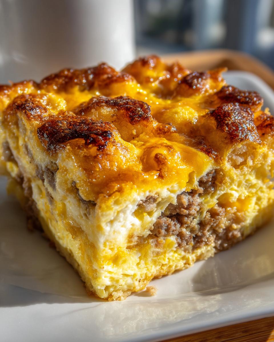 Close-up of a square slice of tater tot breakfast casserole with browned cheese and sausage filling.