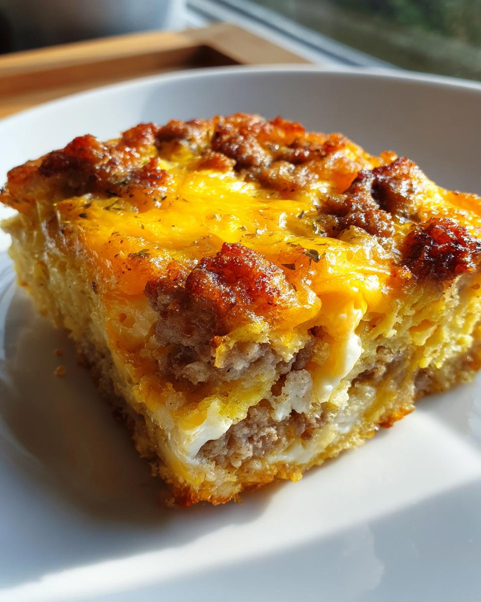 A golden brown square slice of tater tot breakfast casserole with sausage and melted cheese.