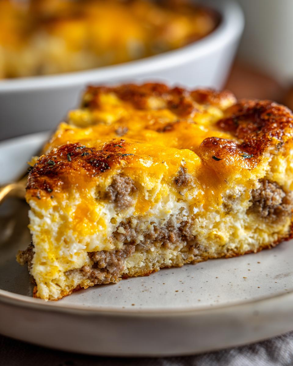 A close-up slice of tater tot breakfast casserole featuring layers of sausage, egg, and melted, browned cheddar cheese.
