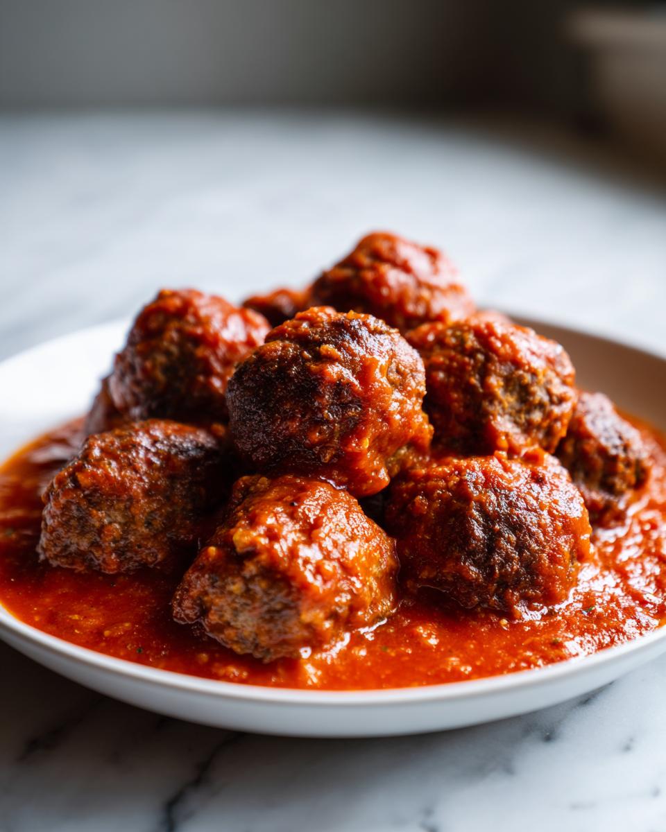 A close-up of several tender Italian meatballs completely covered in rich, red tomato sauce.