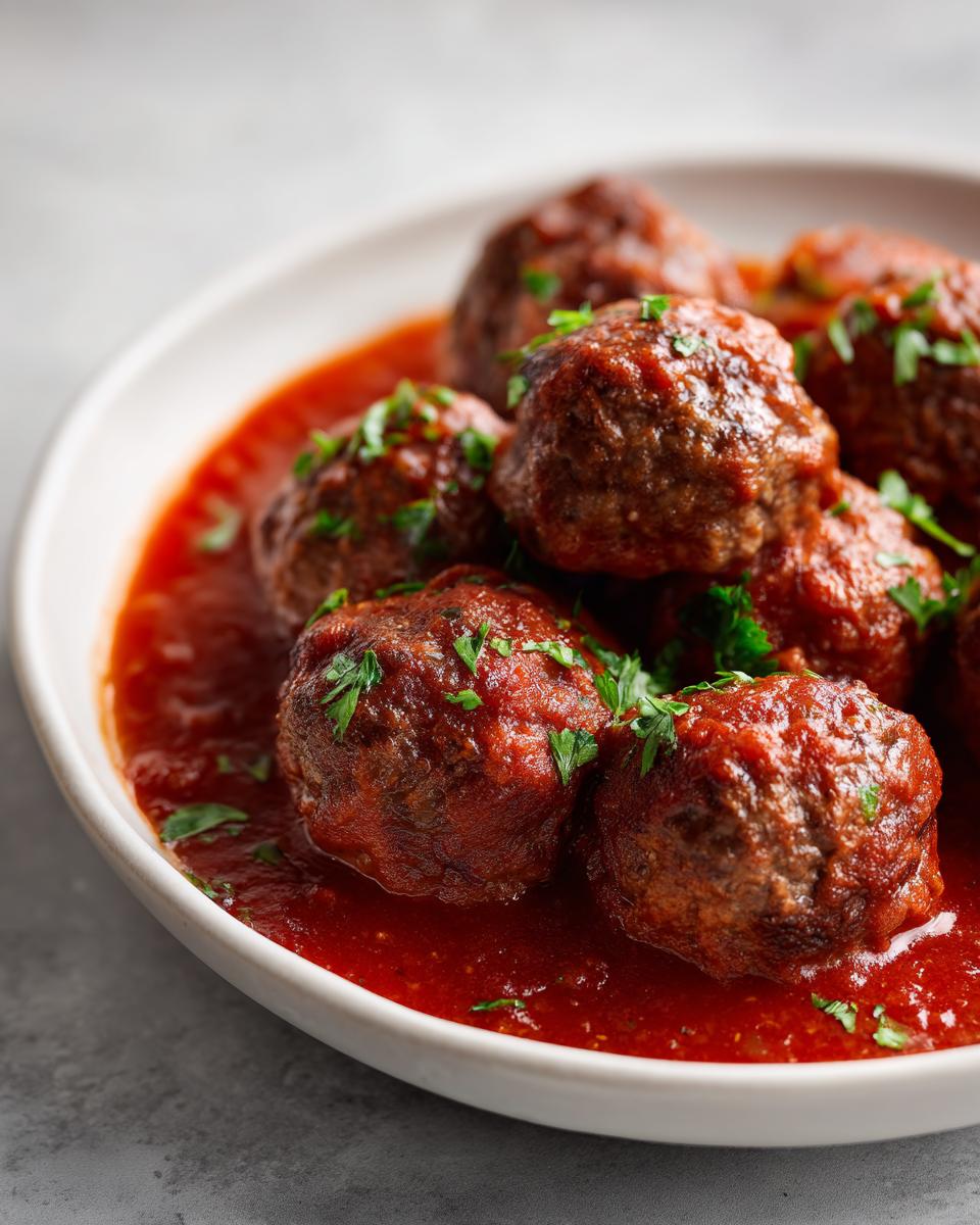 Close-up of several tender Italian meatballs covered in thick tomato sauce and sprinkled with fresh parsley.