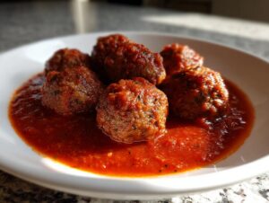 Close-up of several tender Italian meatballs simmering in a rich, bright red tomato sauce on a white plate.