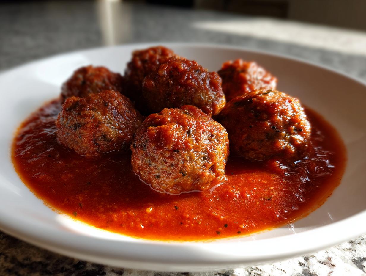 Close-up of several tender Italian meatballs simmering in a rich, bright red tomato sauce on a white plate.