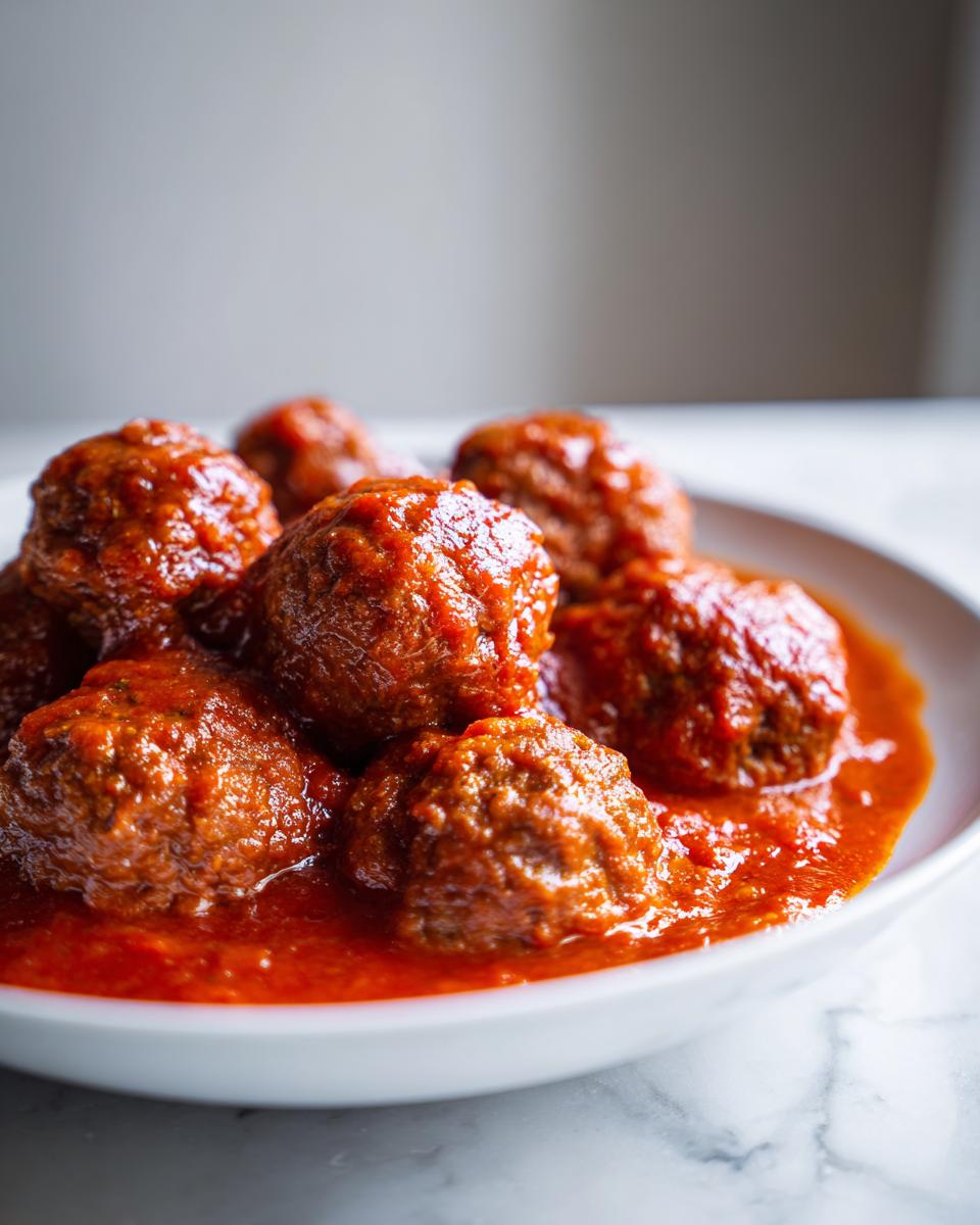 Close-up of several tender Italian meatballs covered in thick, vibrant red tomato sauce in a white bowl.