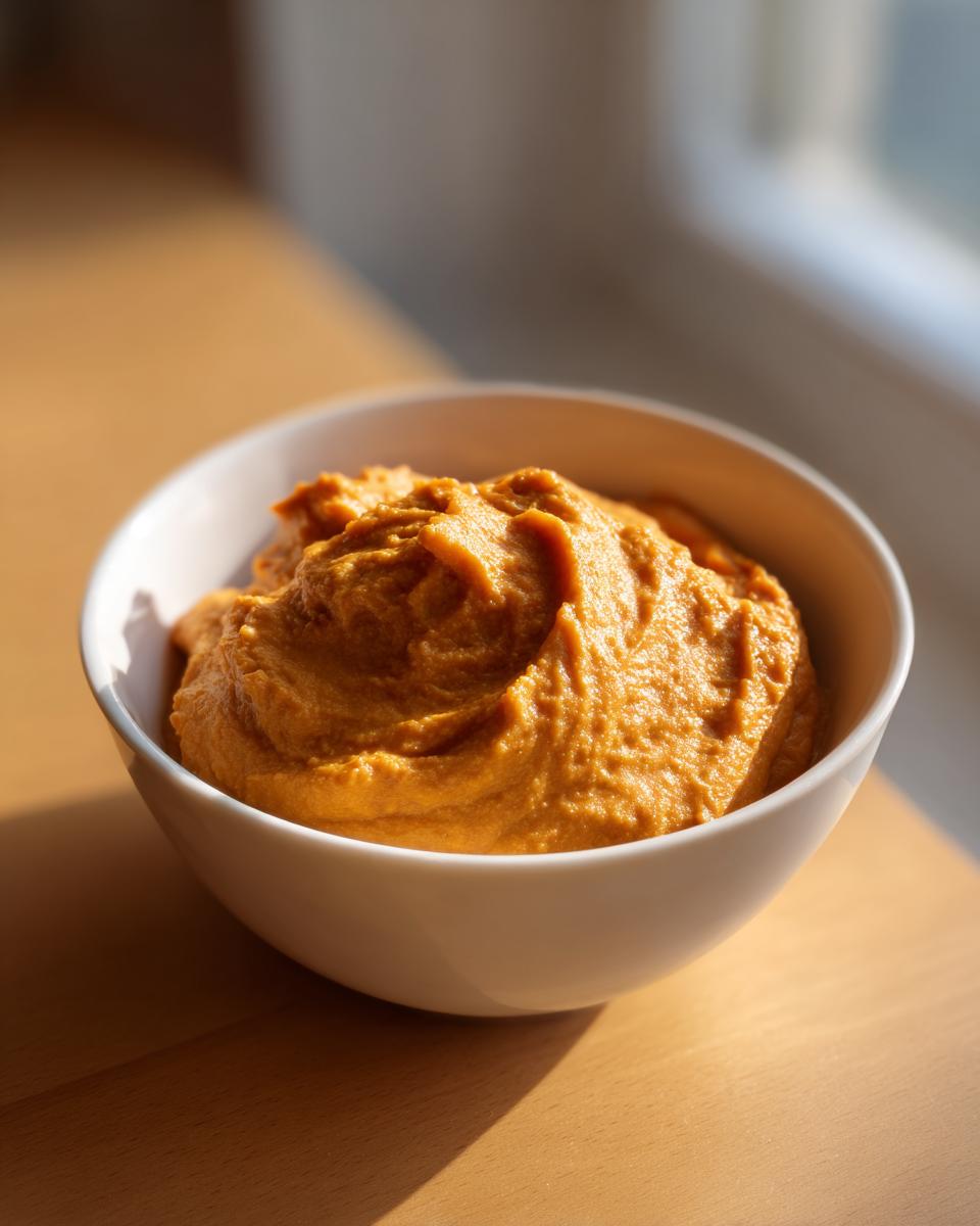 A close-up of thick, creamy roasted butternut squash soup served in a white bowl on a wooden surface.
