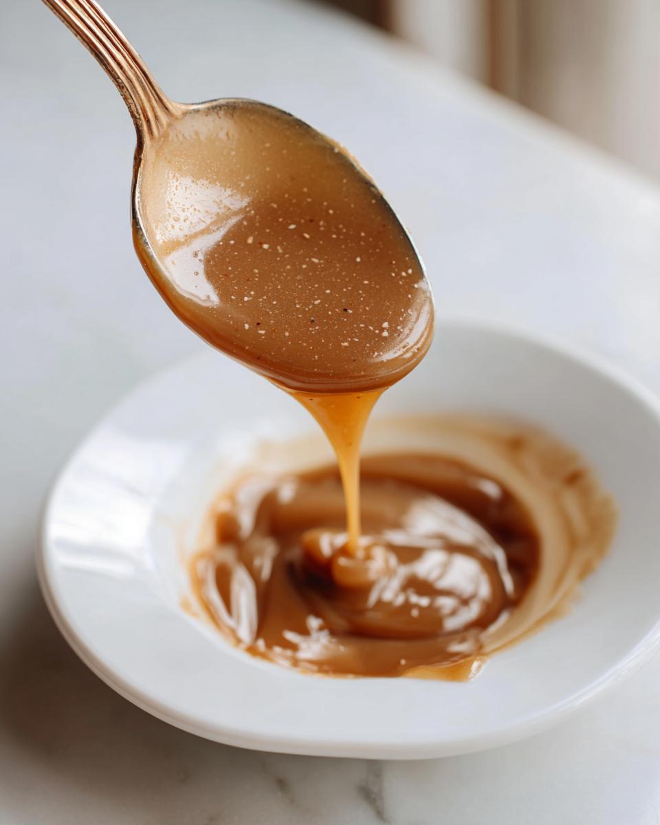 A close-up of rich, brown turkey gravy being poured from a copper spoon into a small white bowl.