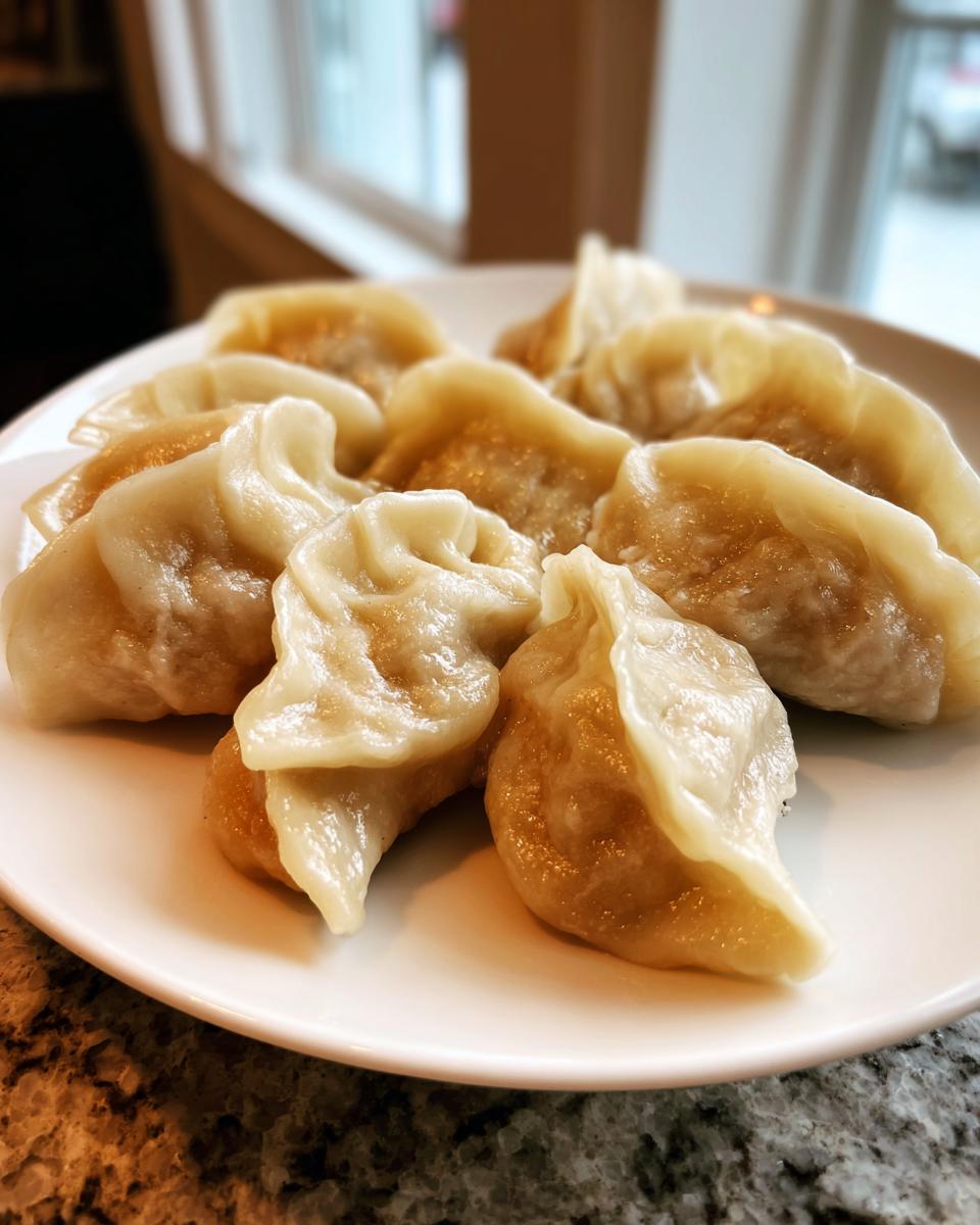 Close-up of several golden-brown Traditional Chinese Dumplings arranged on a white plate.