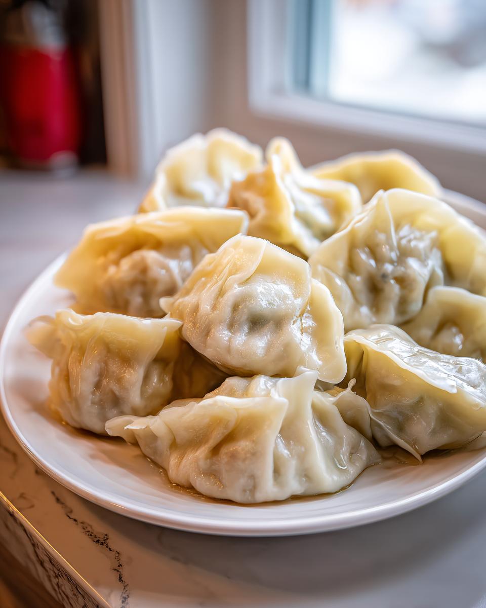 A close-up of several steamed Traditional Chinese Dumplings piled on a white plate near a window.