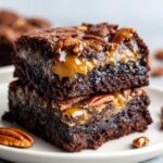 Two stacked, fudgy Turtle Brownies oozing with gooey caramel and topped with pecans.