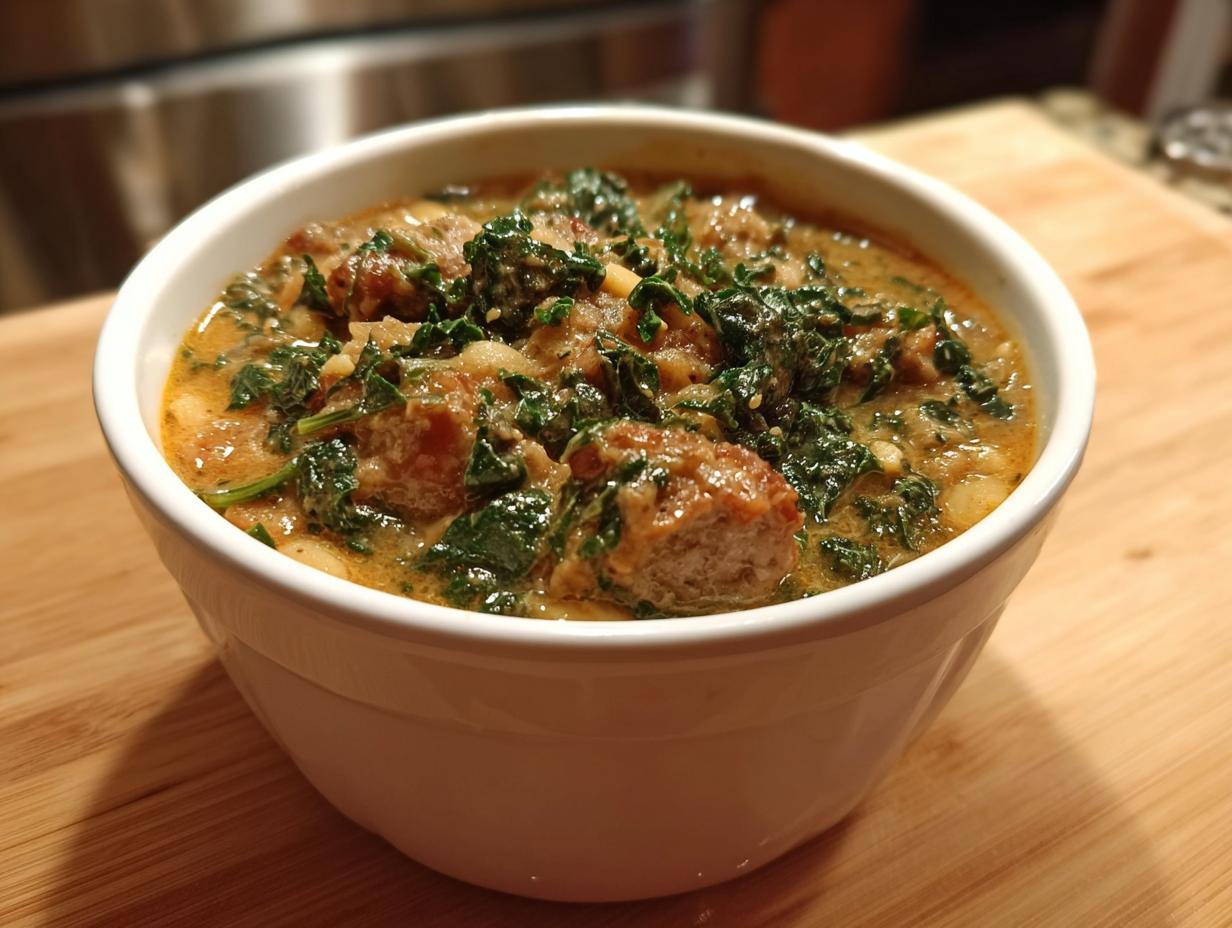 A close-up of a white bowl filled with rich Tuscan white bean soup featuring sausage chunks and dark green kale.