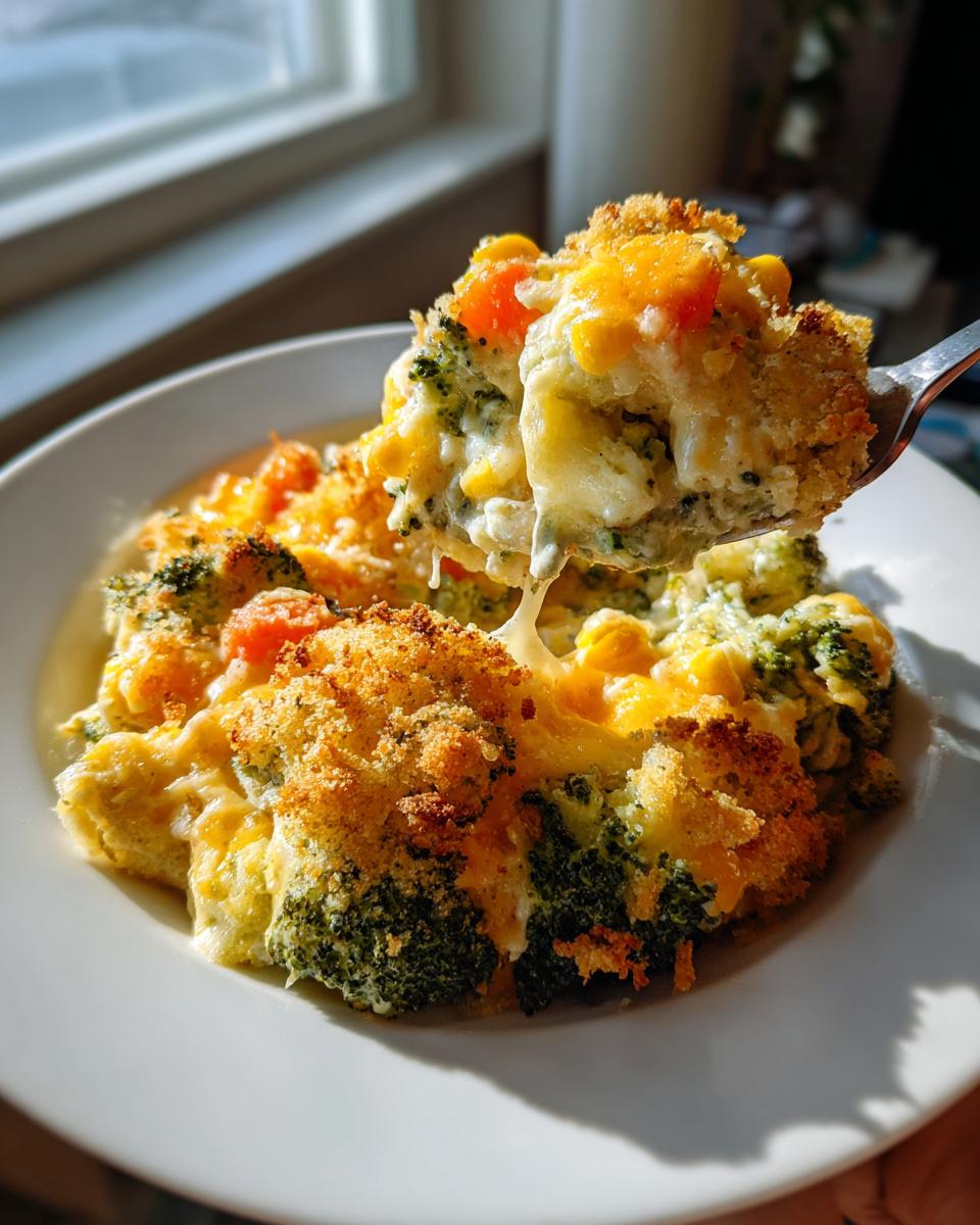 A spoonful of creamy vegetable casserole featuring broccoli, carrots, and melted cheese being lifted from a white plate.