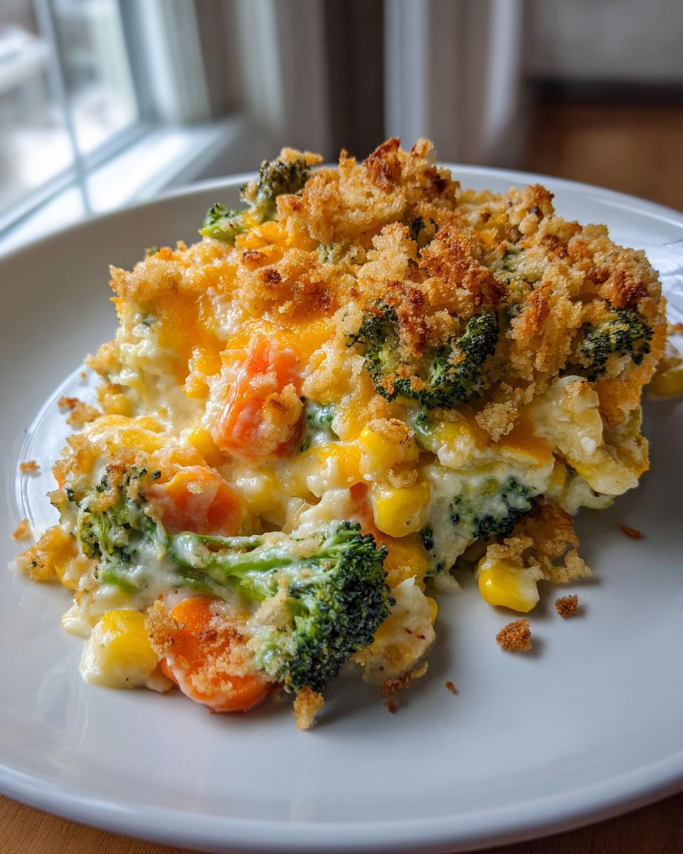 A generous serving of creamy vegetable casserole with broccoli, carrots, and corn, topped with melted cheese and crispy breadcrumbs.