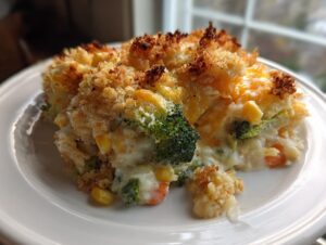A close-up serving of creamy vegetable casserole featuring broccoli, carrots, and corn, topped with golden, crunchy breadcrumbs.