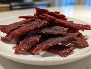 A close-up of a pile of dark red, seasoned venison jerky strips resting on a white plate.