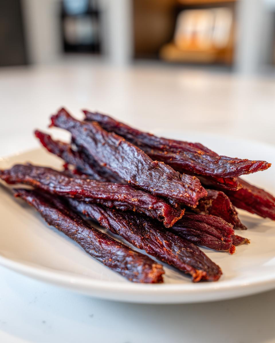 A close-up of several dark, richly seasoned strips of homemade venison jerky piled on a white plate.