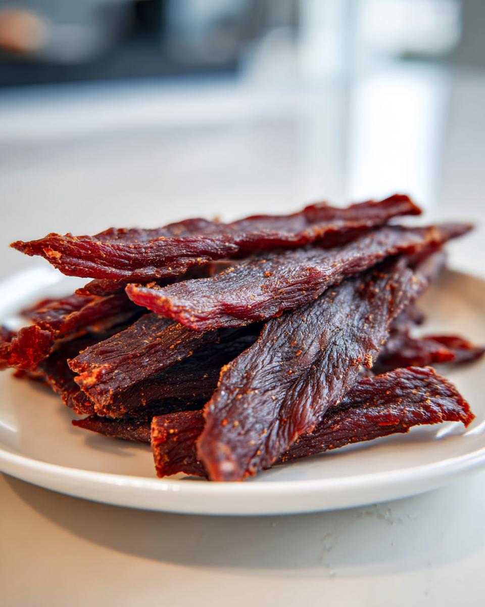 Close-up of a stack of dark, richly seasoned venison jerky strips resting on a white plate.