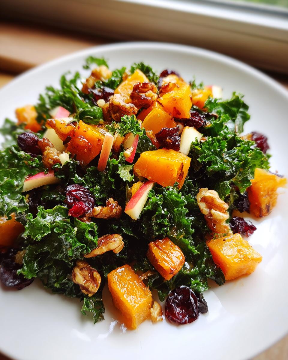 Close-up of a vibrant Fall Harvest Salad featuring dark green kale, roasted orange squash, walnuts, and dried cranberries.