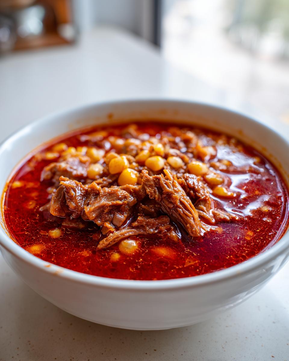 A close-up of a white bowl filled with vibrant red Pozole rojo, featuring shredded meat and hominy kernels.