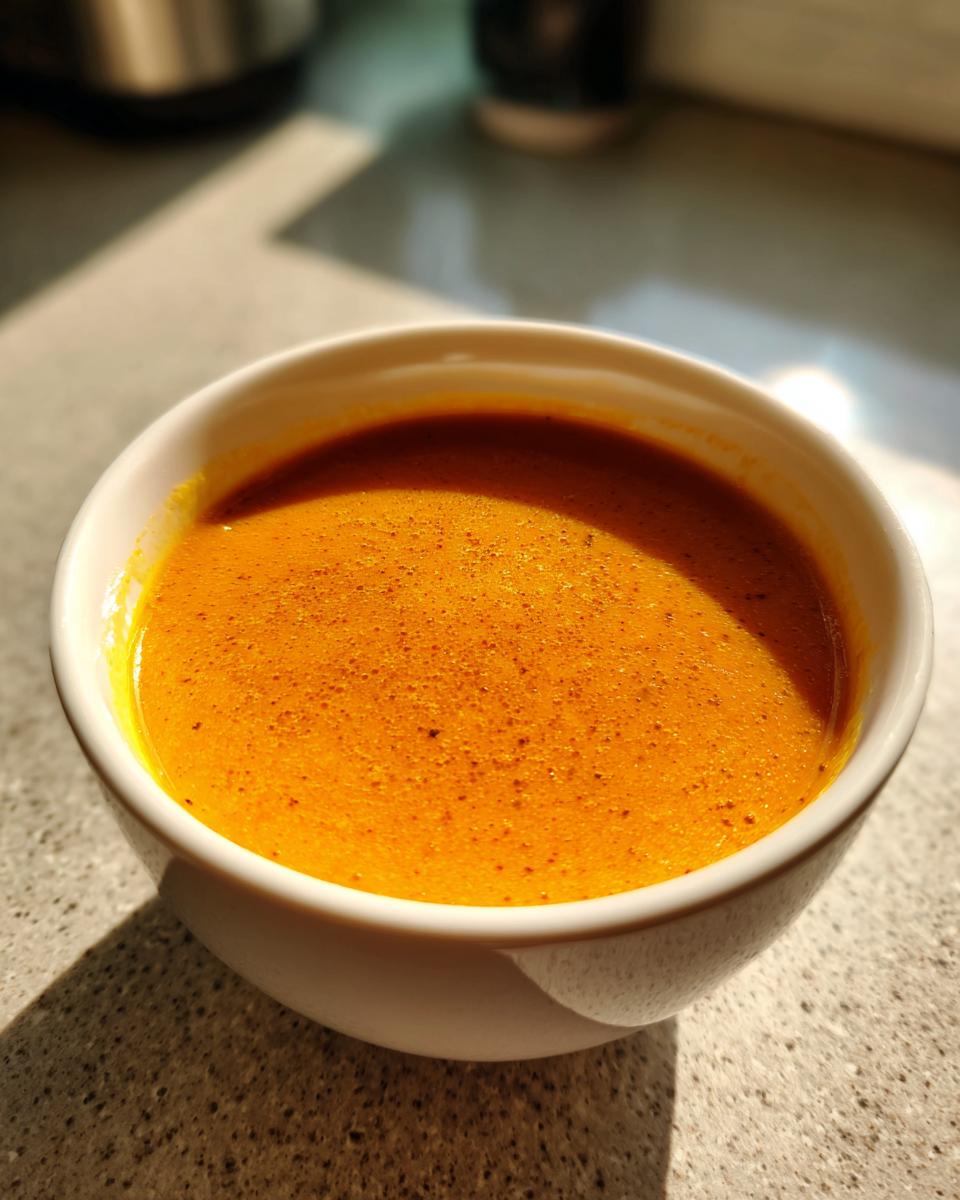Close-up of a white bowl filled with bright orange roasted butternut squash soup, sprinkled with spices.