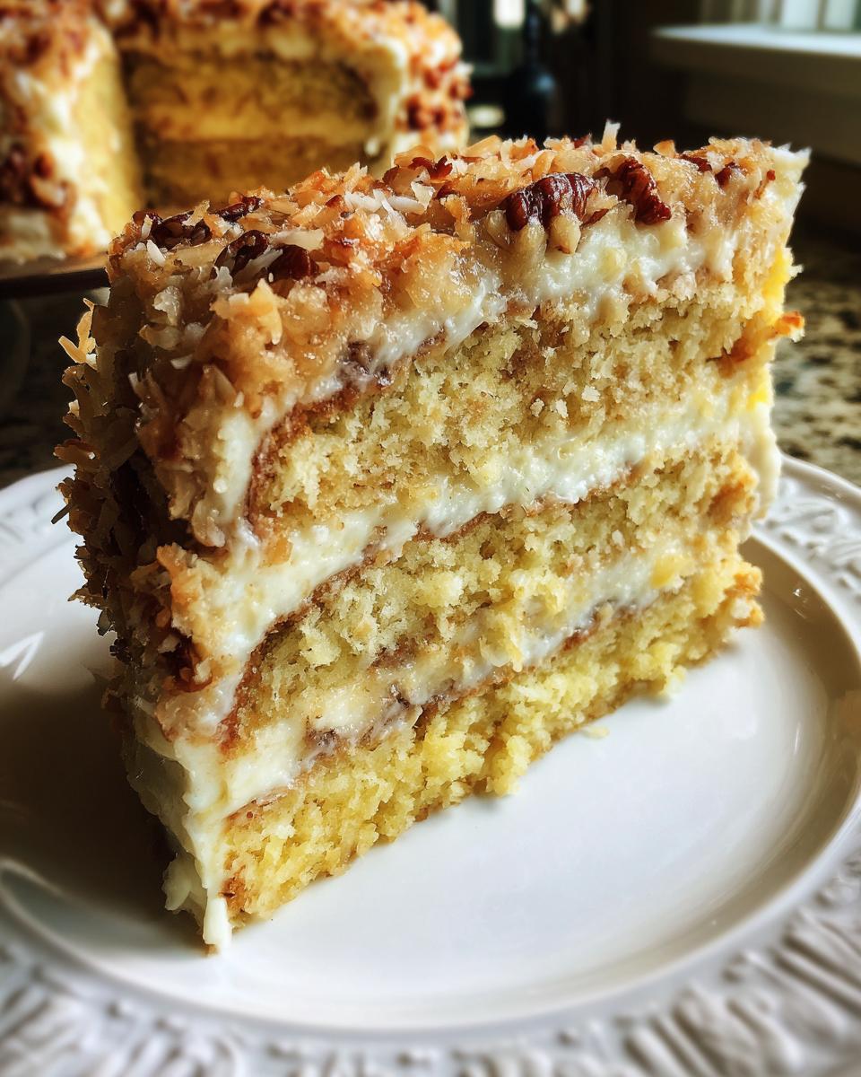 A tall slice of white German chocolate cake showing three layers of yellow cake, white frosting, and coconut pecan topping.