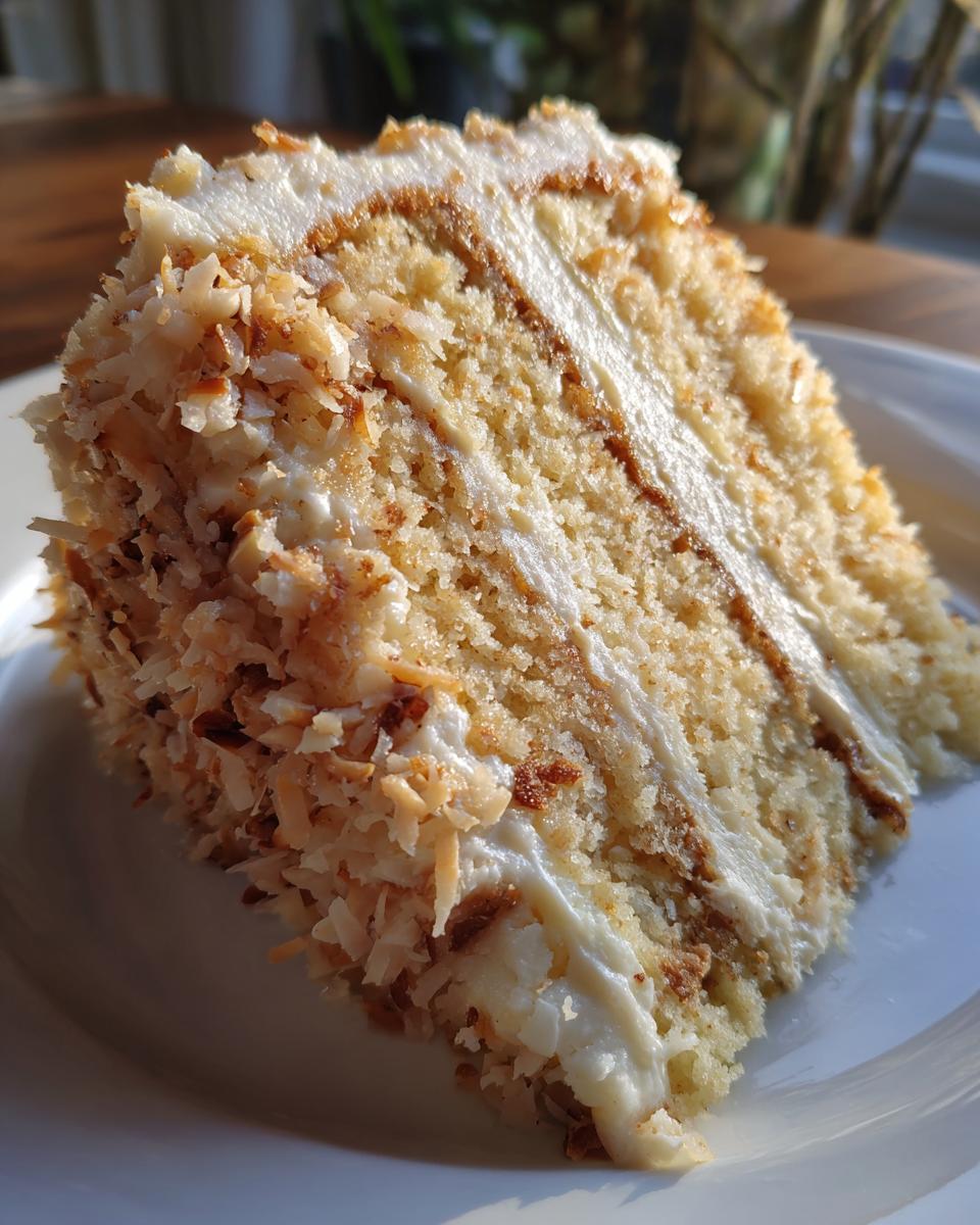Close-up of a moist slice of white German chocolate cake layered with frosting and covered in toasted coconut flakes.