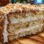 Close-up of a moist slice of white German chocolate cake layered with cream and covered in toasted coconut.