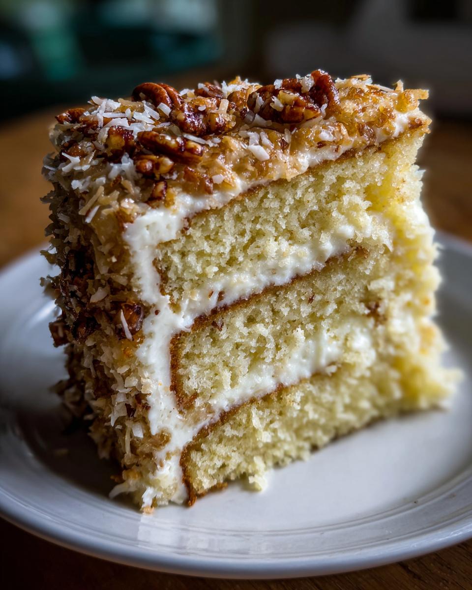 Close-up of a moist slice of white German chocolate cake with coconut, pecans, and creamy white frosting layers.