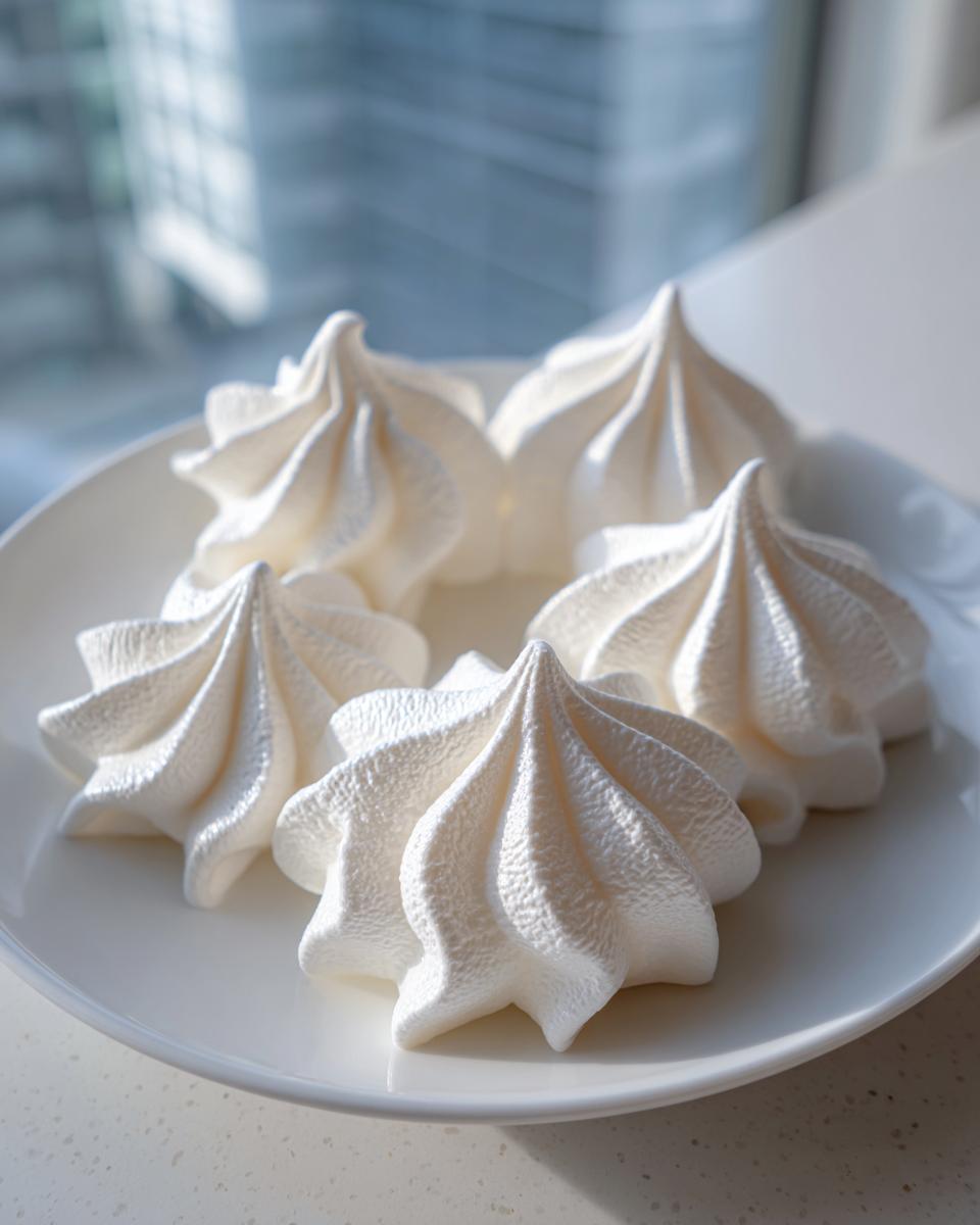 Five perfectly piped, white meringue cookies arranged on a white plate, catching bright natural light.