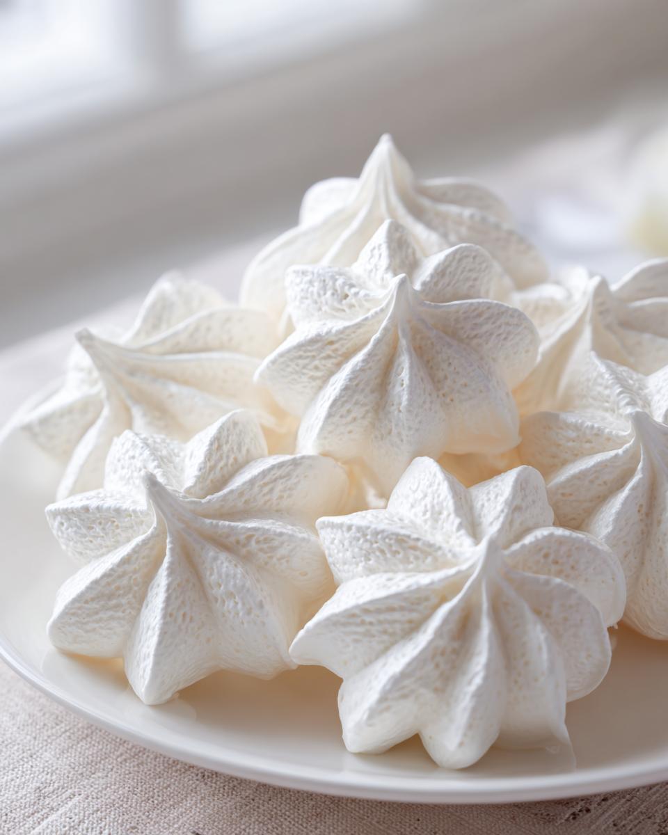 Close-up of several perfectly piped, star-shaped white meringue cookies stacked on a small white plate.