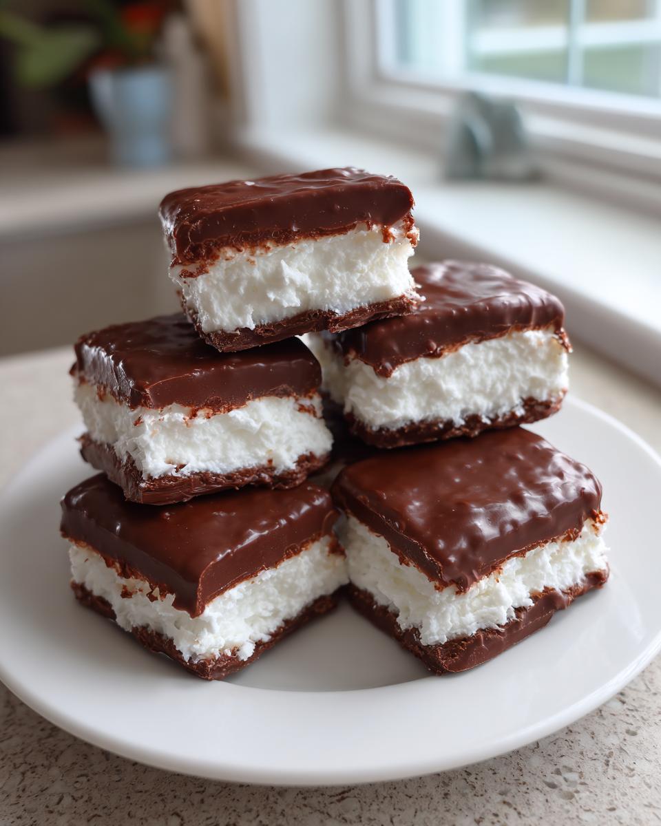 A stack of five homemade chocolate-covered squares featuring a thick white filling, representing cool whip candy.